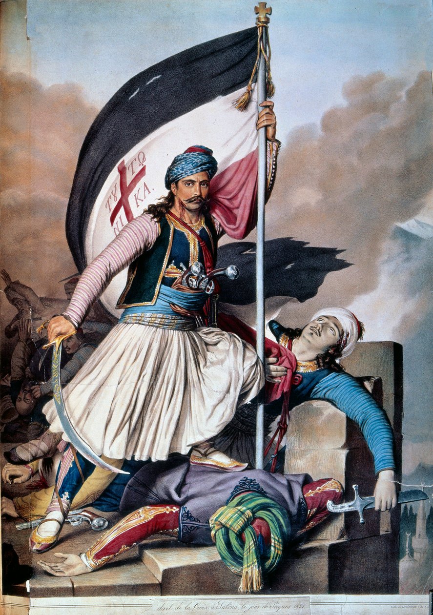 反对奥斯曼帝国的希腊独立战争：1821 年 3 月 25 日起义后，尼科拉基·米特罗波洛斯 (Nickolaki Mitropolos) 将旗帜升至萨洛纳。 1821 年的石版画。巴黎，装饰艺术 作者 未知艺术家