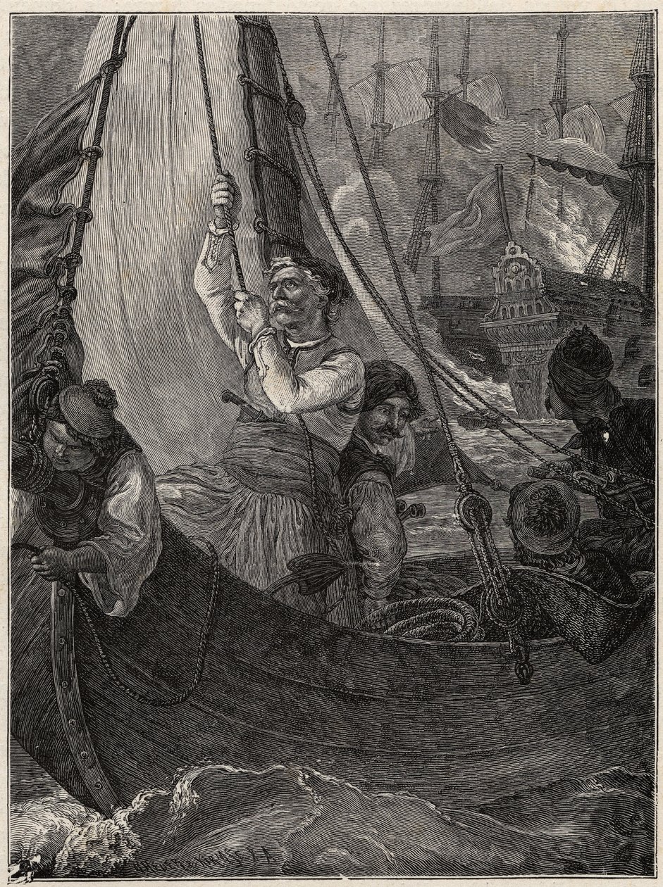 希腊独立战争 1821-1829年：康斯坦丁（Constantine）-卡纳里斯（Konstantinos Canaris）在基奥斯岛前烧毁土耳其舰队的旗舰 作者 未知艺术家