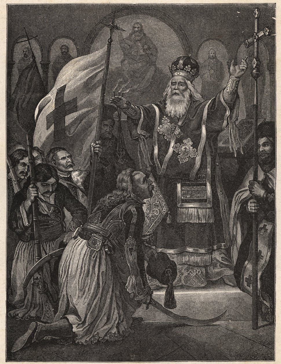 希腊独立战争1821-1829年：老帕特雷的主教Germanos（Germain）三世（Georgios Gotzias）为争取自由的旗帜祝福，Agia Lavra修道院（Sainte Laure du Peloponnese），1821年3月21日--绘画后的刻版 作者 未知艺术家