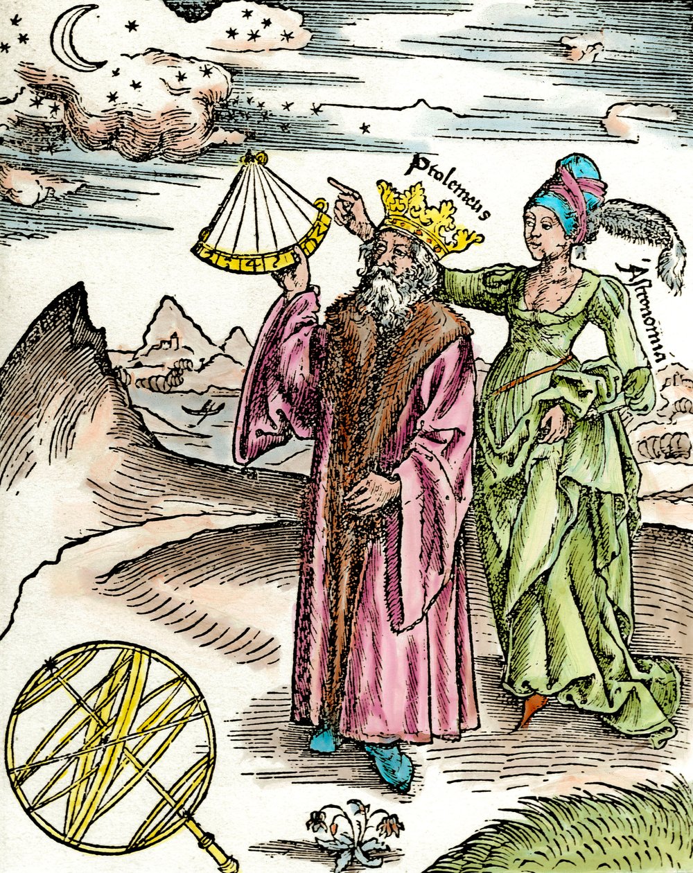 希腊天文学家克劳德·托勒密 (Claudius Ptolemaeus)（约公元 90 年至公元 168 年左右）使用六分仪和天文学。 1503 年雕刻。私人收藏 作者 未知艺术家