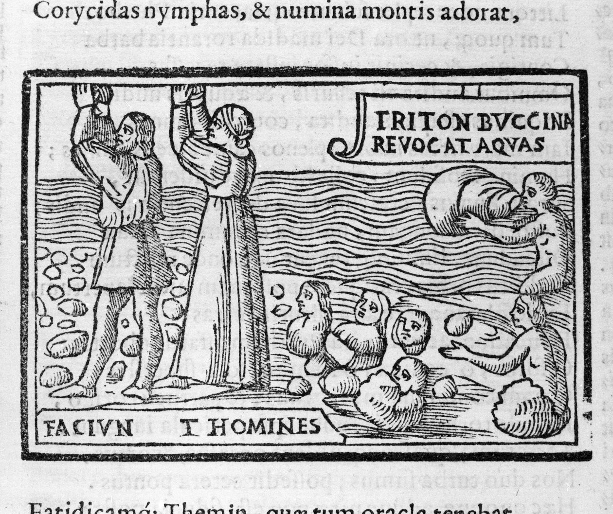 Greek mythology: Deucalion and Pyrrha throwing stones that give birth to human beings after the deluge to populate the Earth. Xylography of the 16th century 作者 未知艺术家