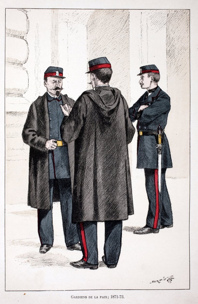 和平守护者 (1871-1873)。 蚀刻颜色，作为插图“”Histoire du corps des gardiens de la paix ”””由塞纳河警察局长 Louis Lepine (1846-1933) 主持出版的书，作者是 Alfred Rey (1864-?) 和 Louis Feron 作者 未知艺术家
