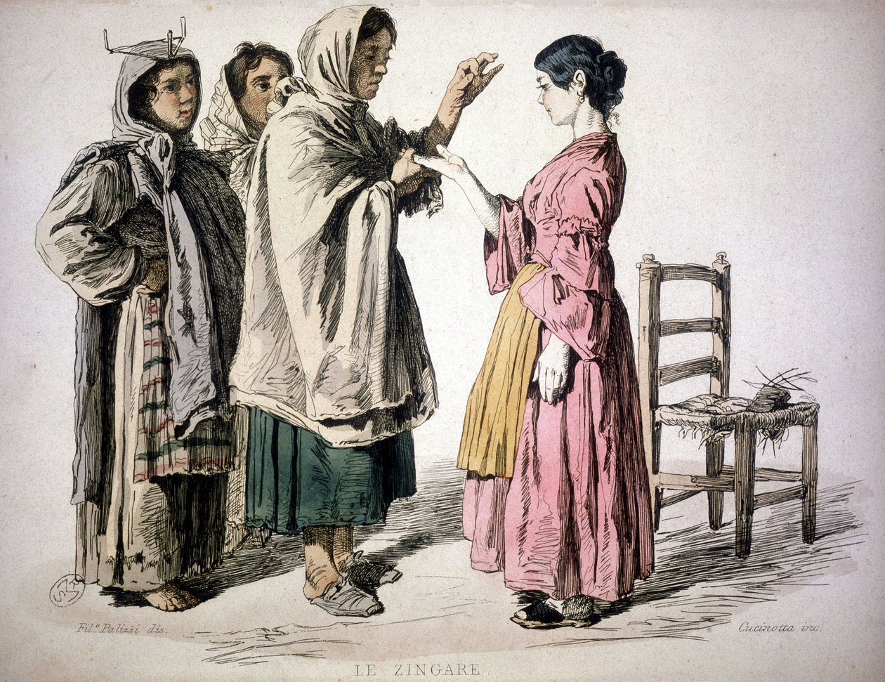 Gypsy reading in hand - in “” Custom of the Kingdom of Naples””, De Bourcard 作者 未知艺术家