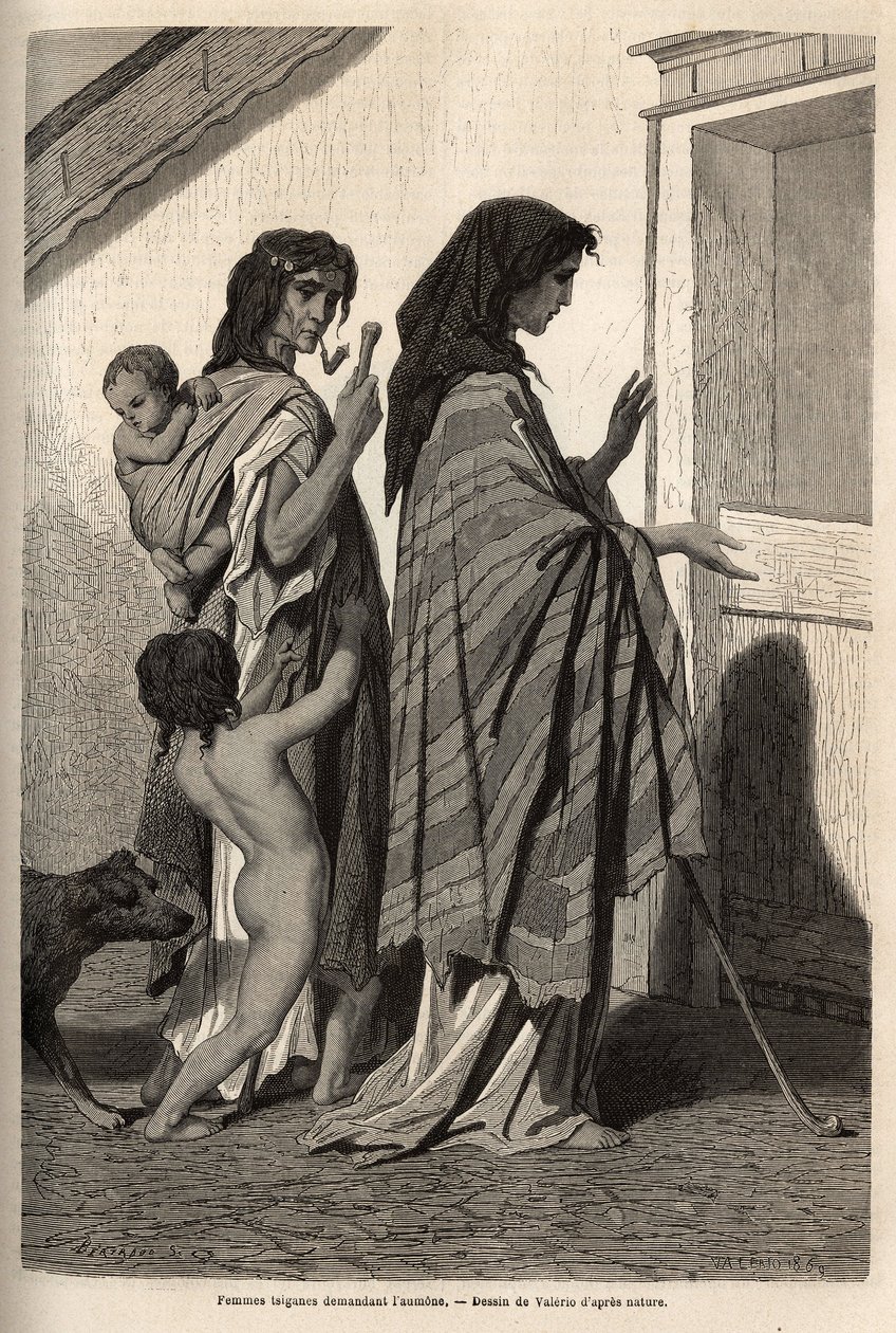 Gypsy women and children, in rags or half naked, asking for door-to-door almone in Essek (Danube basin). Engraving to illustrate the memories of travel among the southern Slavs, by Georges Perrot, in 1868, published in “” Le tour du monde”” 1870-1871, edit 作者 未知艺术家