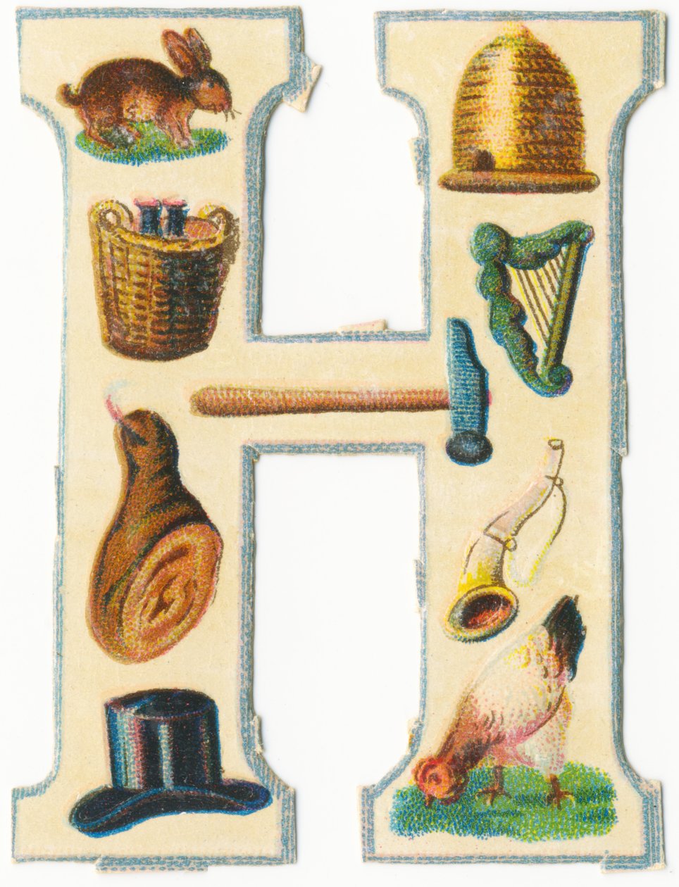 H：野兔，蜂巢，提篮，竖琴，锤子，火腿，牛角，帽子，母鸡（彩色石版画） 作者 未知艺术家