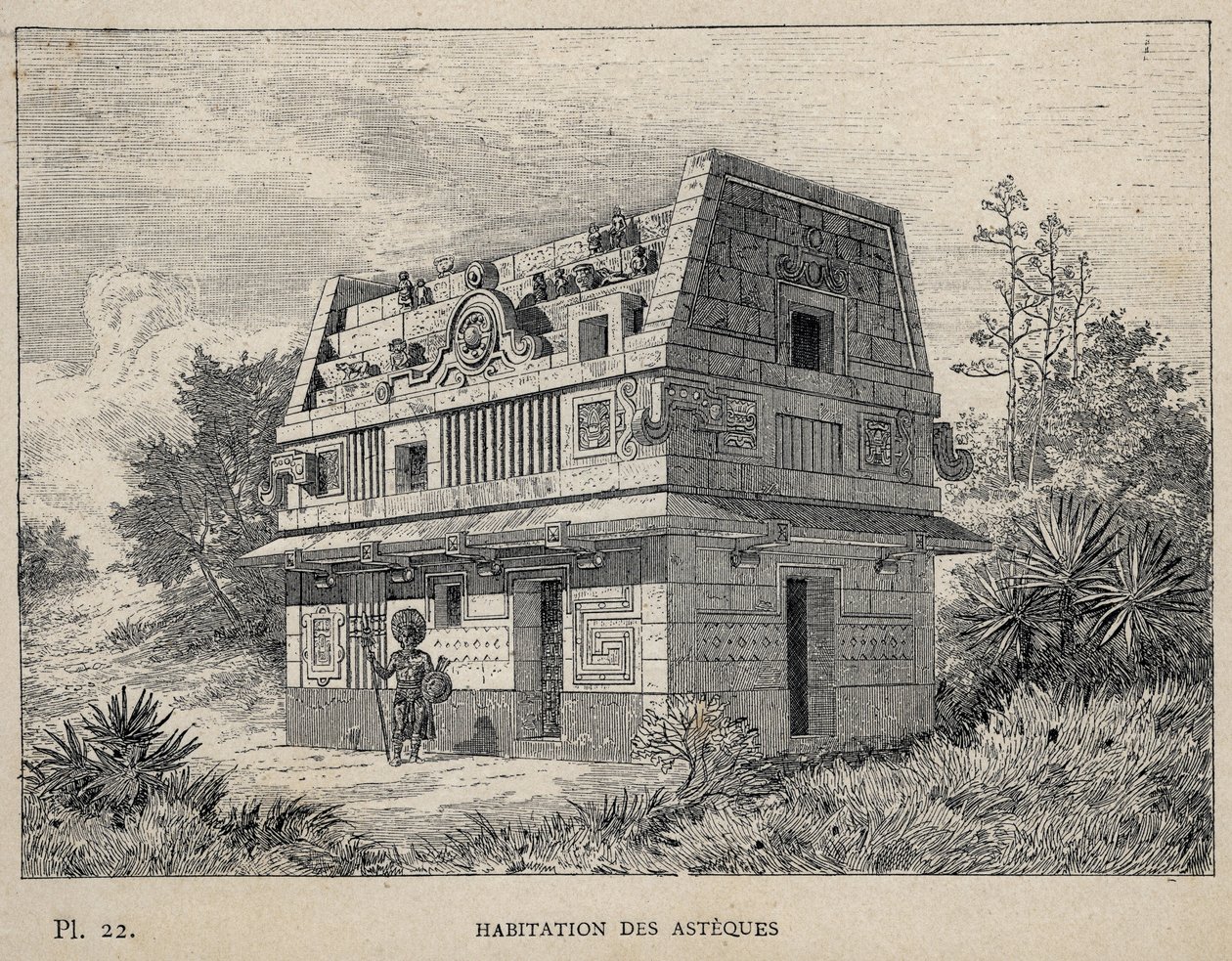 阿兹特克人的住所--1889年的雕刻，载于《1889年世界博览会人类居住史》，作者是Charles GARNIER先生--巴黎中央美术出版社1889年版。 作者 未知艺术家