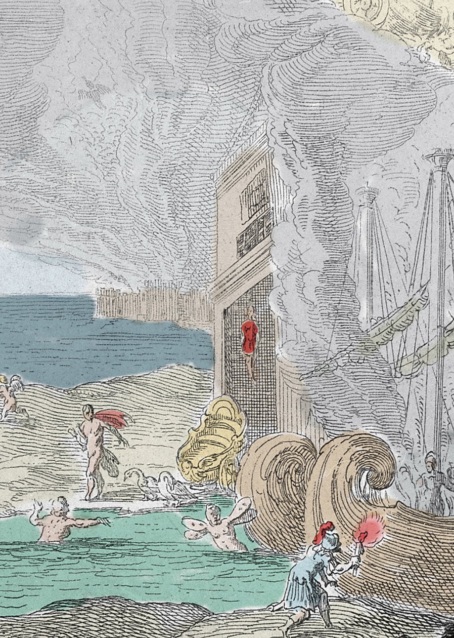 Hanged Iphis repulsed by Anaxarete. Detail of an illustration taken from book XIV of “” Metamorphoses”” (Metamorfosi) by Ovide (43 BC-17 AD). Engraving 1637 作者 未知艺术家