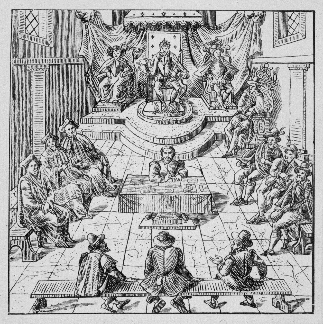 亨利三世（1551-1589）于1576年在布卢瓦举行的议会会议--载于《代表1562年至1586年法国灾难的39幅图集》；Louis Perrin印刷厂 作者 未知艺术家