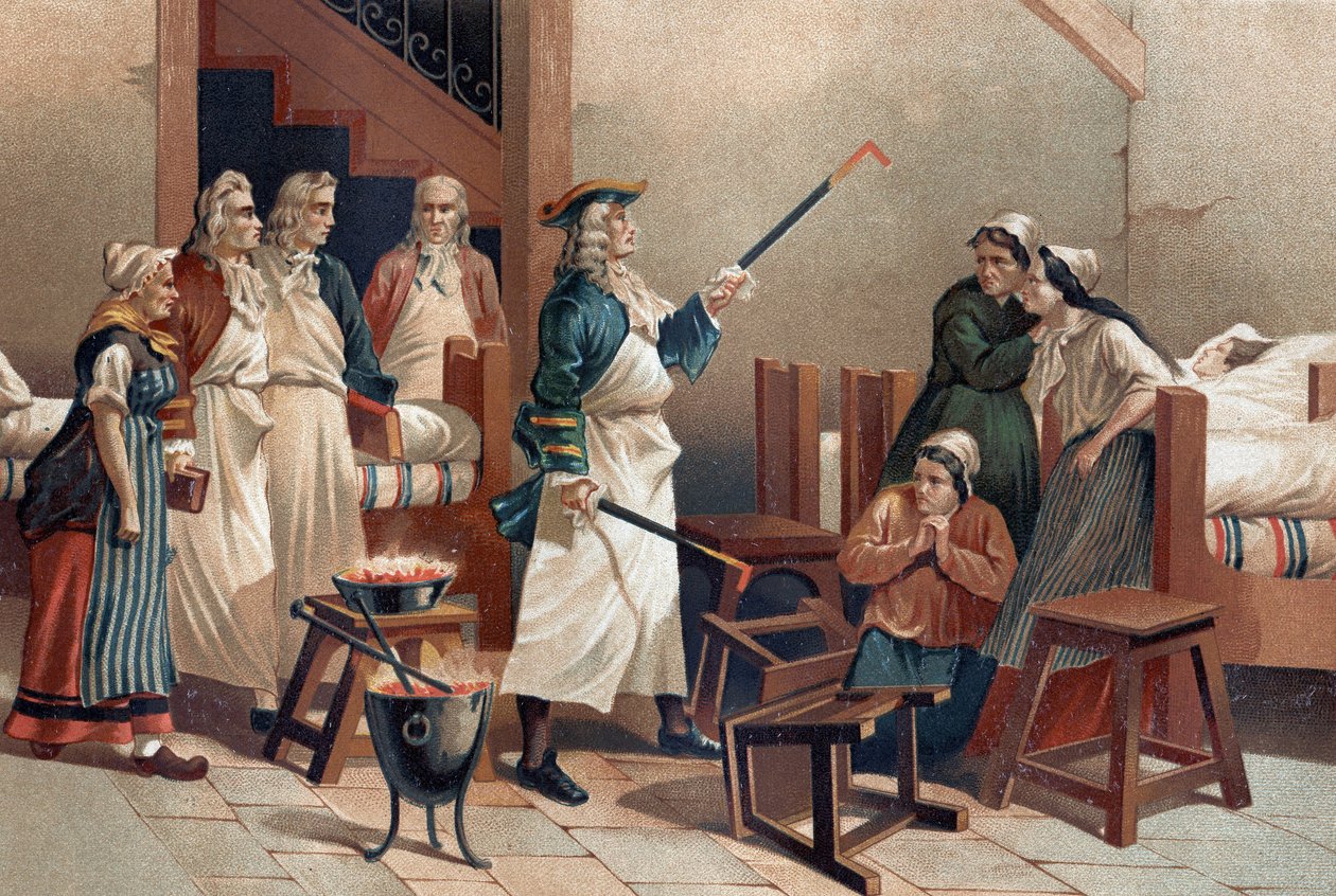 Hermann Leyde Boerhaave (1688-1738)，荷兰医生与他的学生在Leyde医院的癔症妇女面前。在《La Ciencia y sus Hombres par Louis Figuier》之后。巴塞罗那 1881年 作者 未知艺术家
