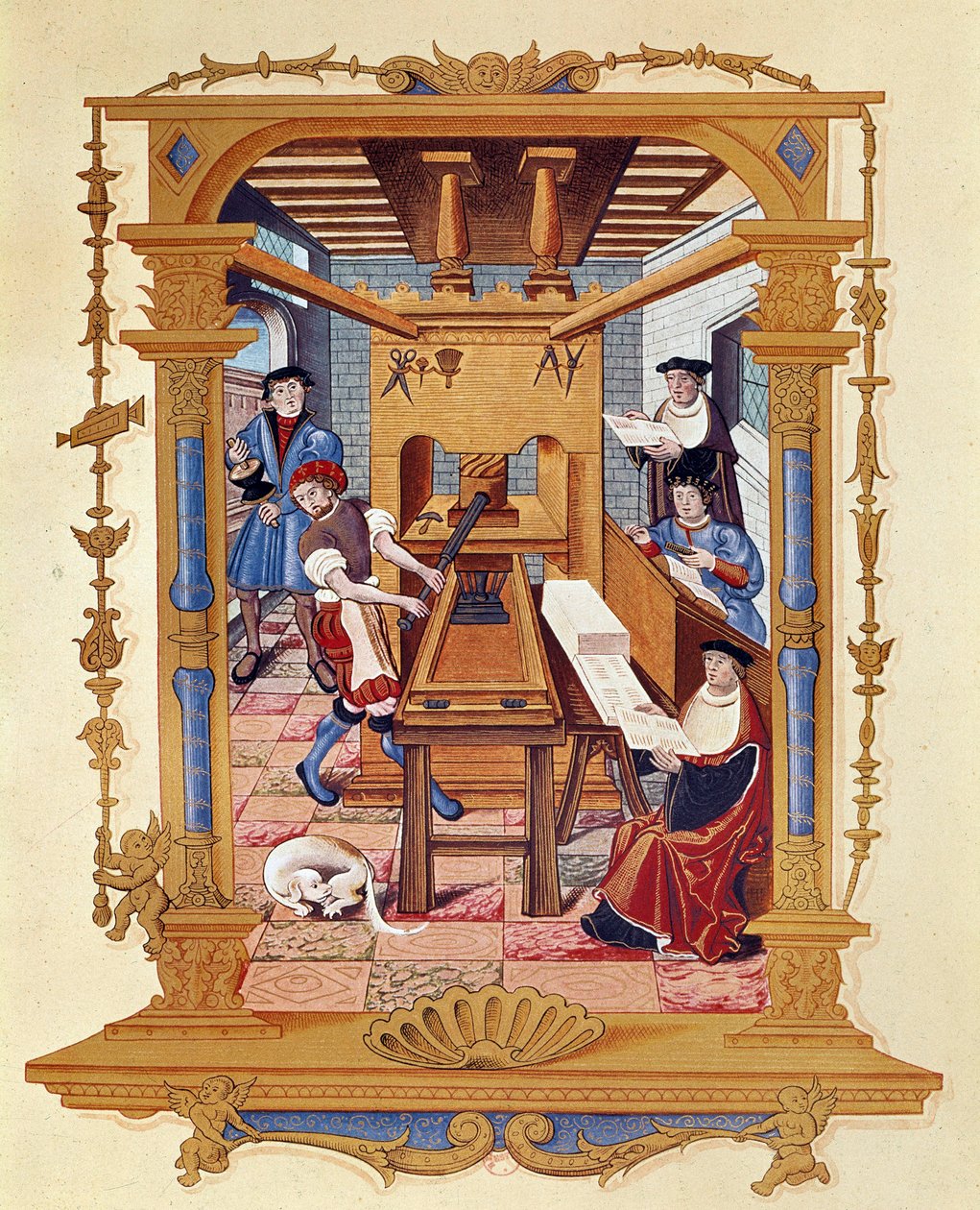 印刷史：1530 年左右的印刷车间。 作者 未知艺术家