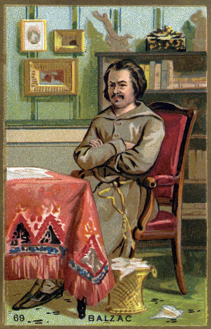 奥诺雷-德-巴尔扎克（1799 - 1850）在他的办公室。19世纪的彩色石版印刷。 作者 未知艺术家