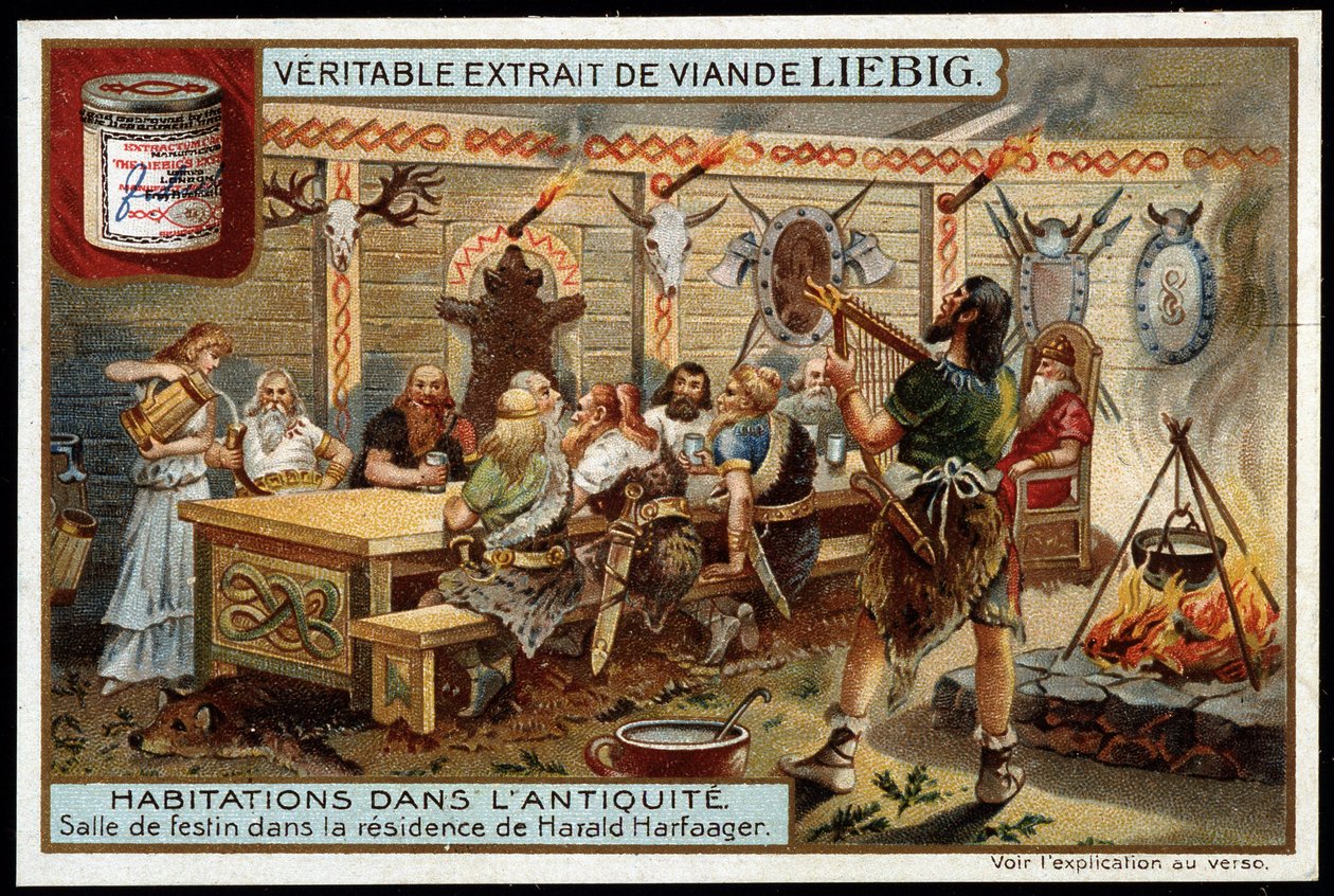 古代房屋：Harald I Harfager (850-933) 挪威国王 Belle Chevelure 住所的宴会厅 - Liebig chromolithography 作者 未知艺术家