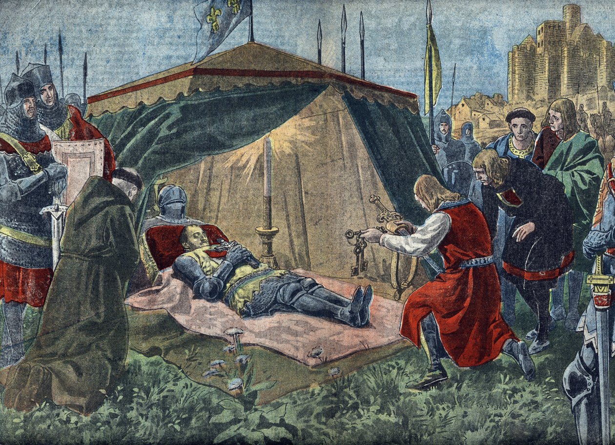 百年战争："La mort de Bernard du Guesclin (1320-1380) devant Chateauneuf de Randon le 13/07/1380"--杜格斯林之死（1380 年 7 月 13 日围攻 Chateauneuf-de-Randon 期间）--1921 年 8 月 7 日 "Le pelerin "的插图 私人 作者 未知艺术家