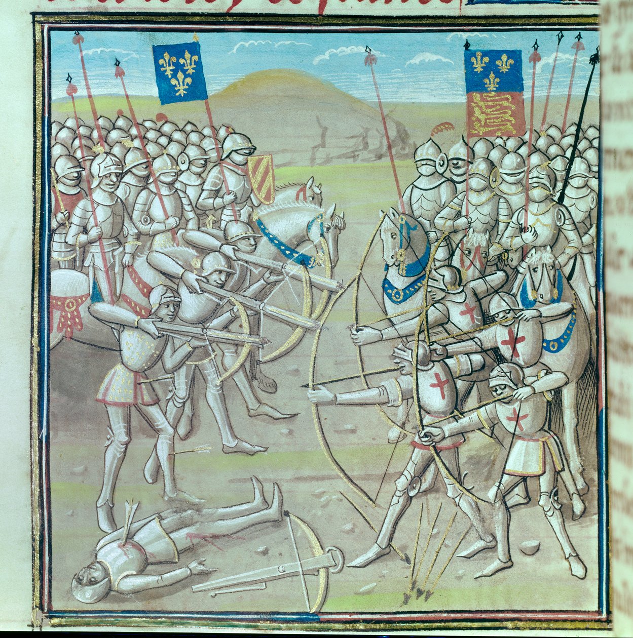百年战争：1346 年 8 月 26 日法国和英国之间的克雷西战役。 14 世纪手稿的缩影，巴黎，阿森纳图书馆 作者 未知艺术家