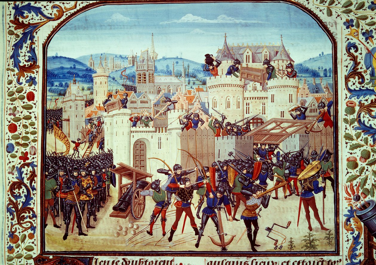 百年战争：1340 年让·德·埃诺伯爵 (Count Jean de Hainaut) 在皮卡第 (Picardy) 制作的奥本顿市的包。让·弗洛瓦萨尔 (Jean Froissart，1337-1400 年) 巴黎的“编年史”中的缩影。 BN 作者 未知艺术家