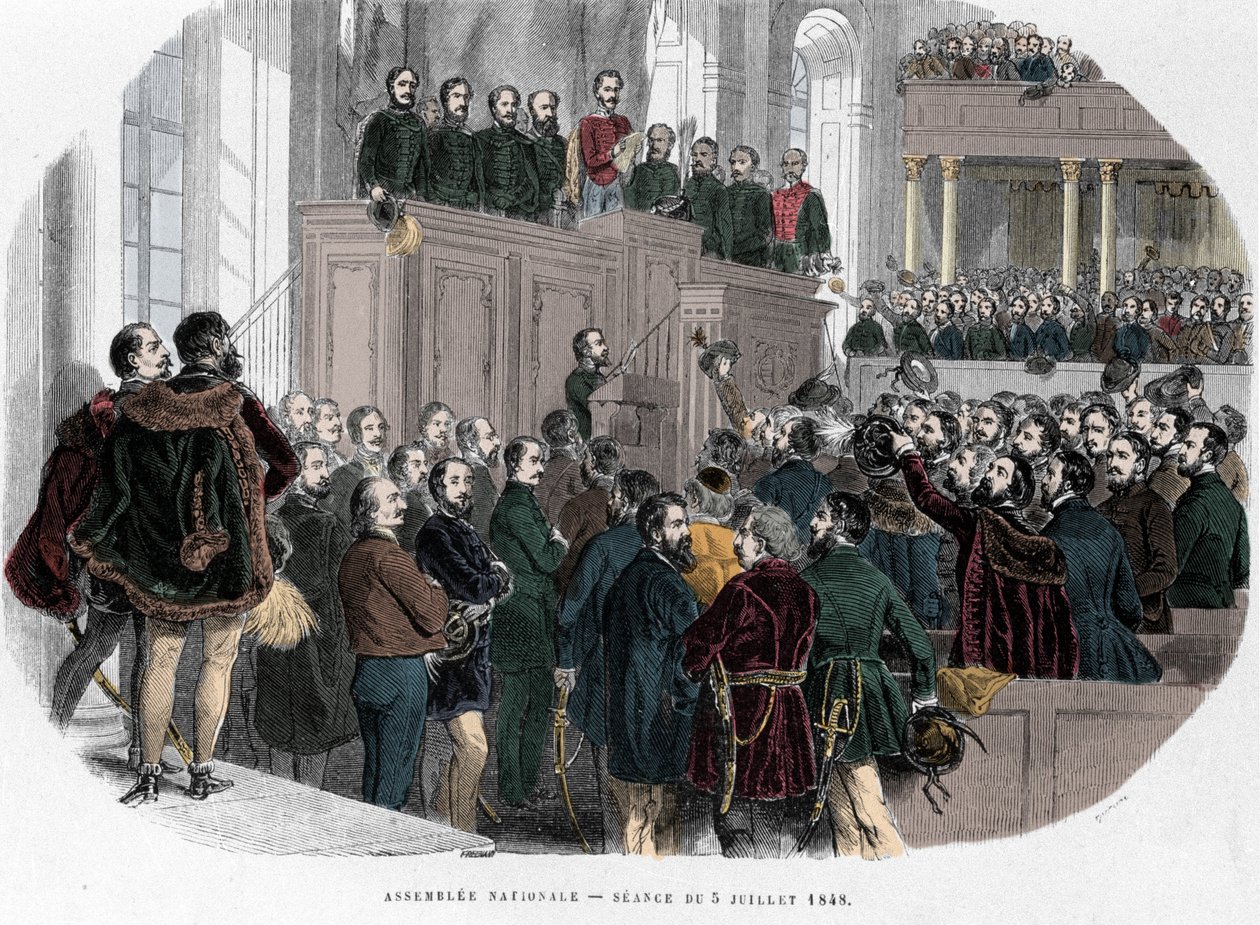 1848年的匈牙利革命。1848年7月5日匈牙利国民议会的第一次会议。雕刻在 "匈牙利历史 "中，作者J.Boldenyi，巴黎1853年"。 作者 未知艺术家