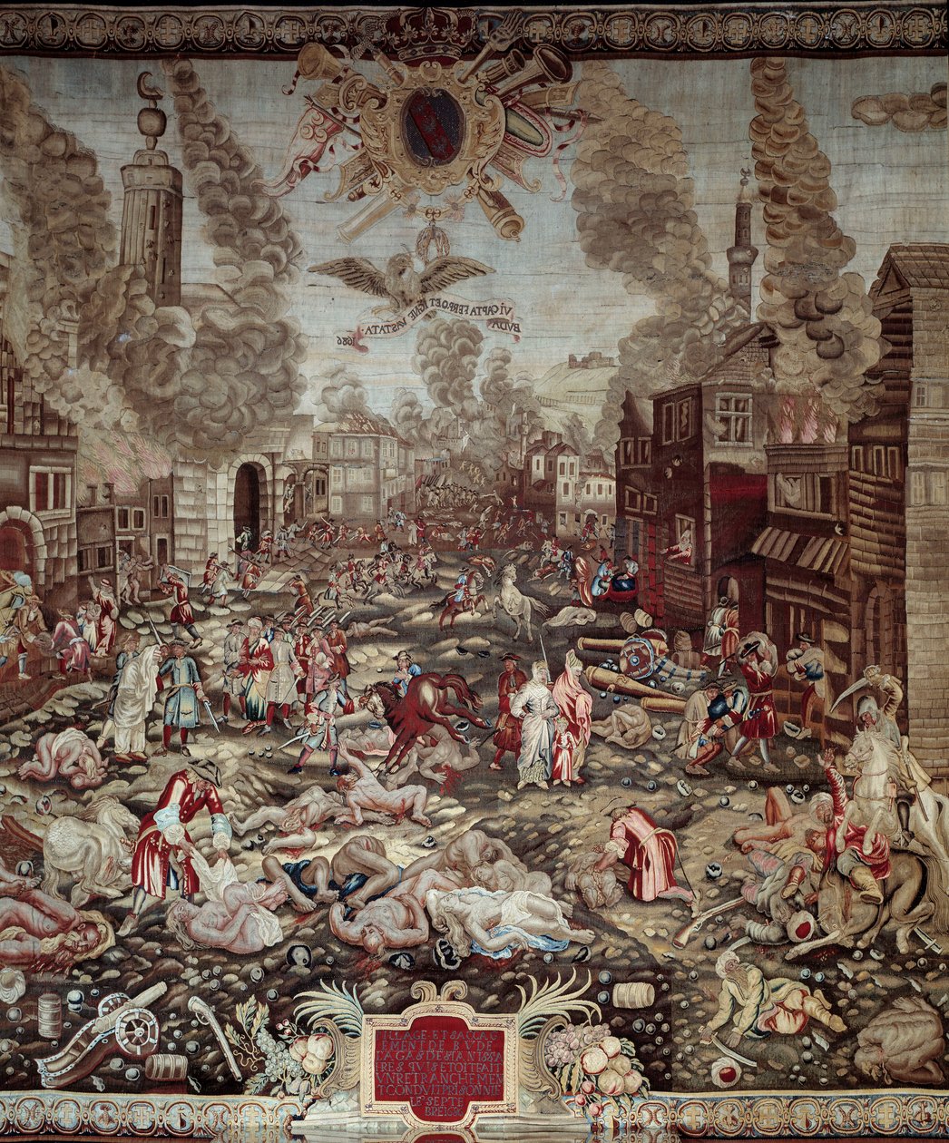 匈牙利的征服：“1686 年 2 月 9 日，奥地利人从奥斯曼土耳其人手中夺回了布达”“布达是当今布达佩斯的一部分。 军阀是洛林的查理五世和米克萨·伊曼纽尔二世。 暴力场景，房屋火灾。 挂毯的细节。 17世纪 作者 未知艺术家