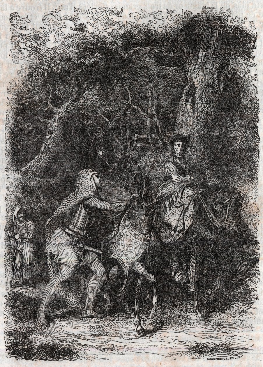Hypalca Arreted by Rodomont--1851年雕刻自卢多维科-阿里奥斯托的《愤怒的罗兰》（Orlando furioso）（16世纪），被称为阿里奥斯托--由特雷桑伯爵从意大利语翻译的版本，由古斯塔夫-哈佛1851年出版。 作者 未知艺术家