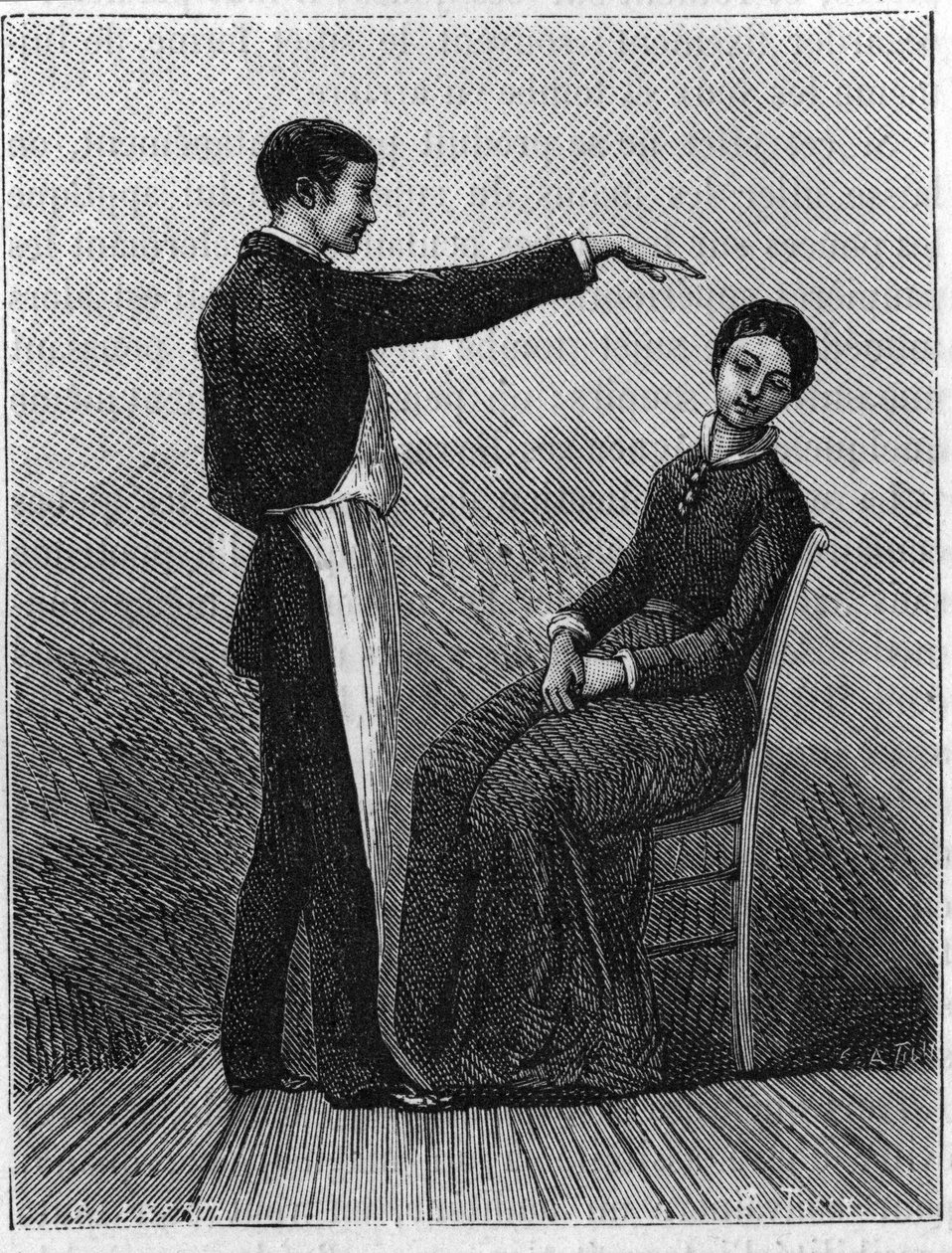 催眠现象：催眠是通过在病人面前突然伸出手来产生的。1881年的雕版画。 作者 未知艺术家