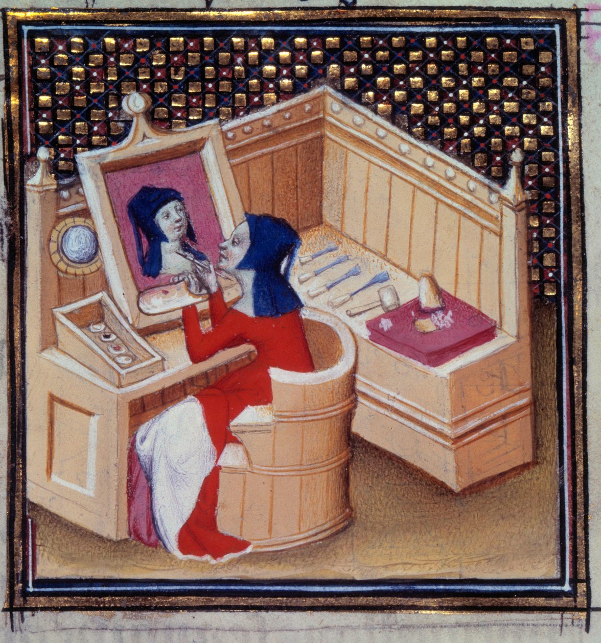 Iaia (Marcia de Cyzique)，罗马画家，根据乔瓦尼·薄卡乔 (Boccacio) (1313-1373) 的“De mulieribus claris””(Des clair et nonoles femmes)”绘制自己的微型肖像 作者 未知艺术家