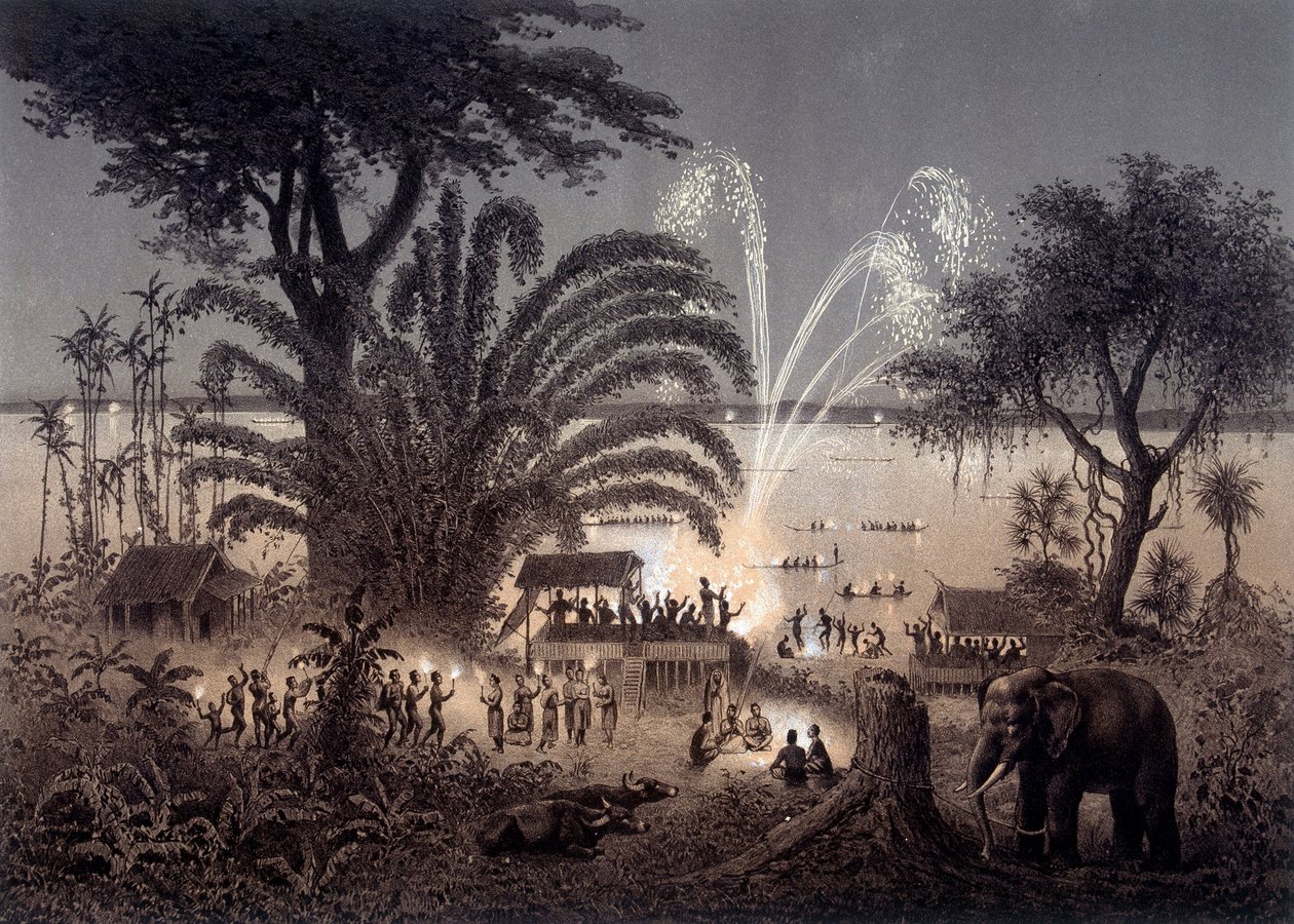 老挝暹罗巴萨克节期间的河流照明。 在 F. Garnier 指导下出版的“1866-1868 年间在印度支那进行的探险航行地图集”中，1873 年出版。 作者 未知艺术家