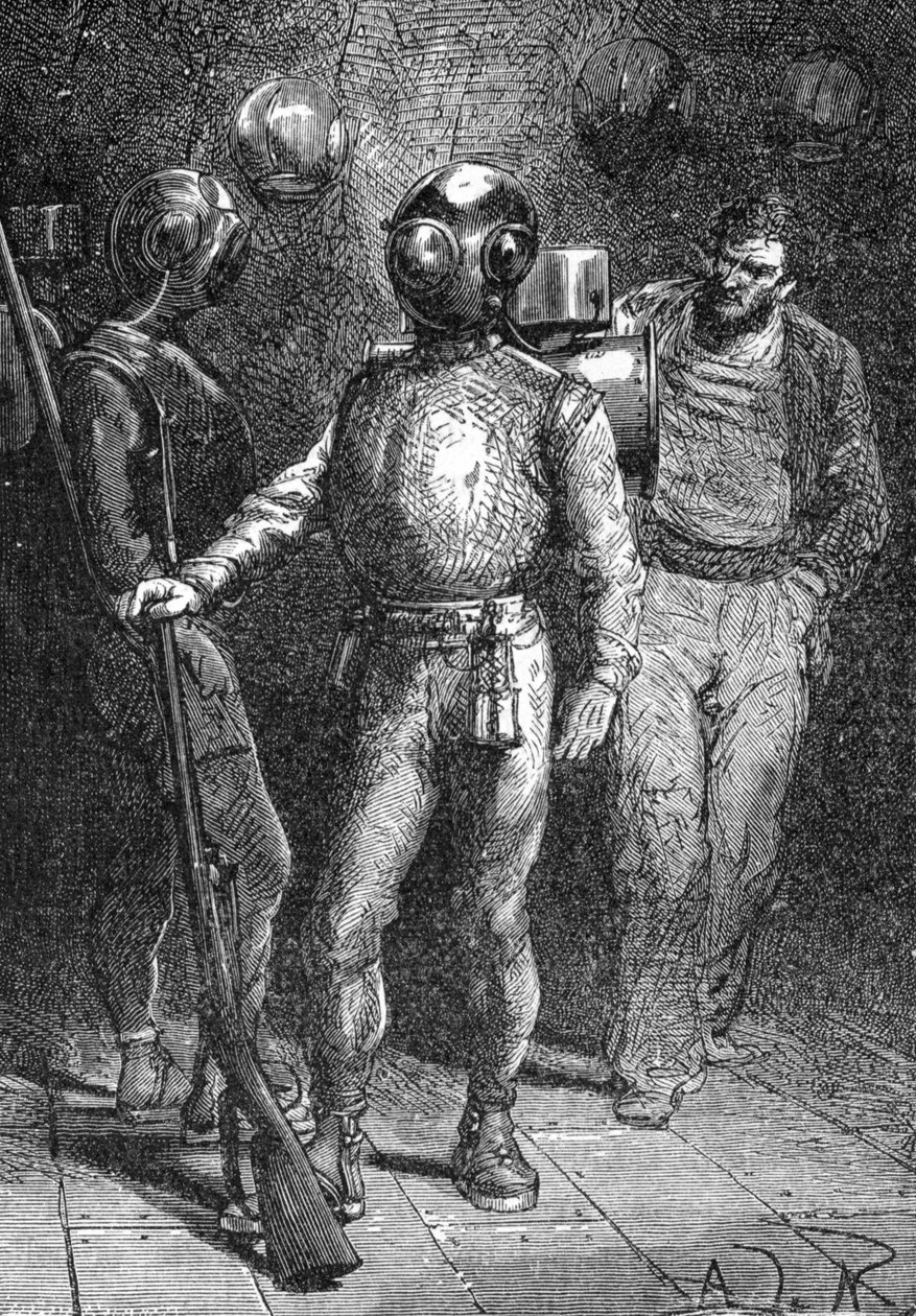 儒勒·凡尔纳（Jules Verne）的“海底两万里”（二万 - 20,000 - 20,000）插图。 穿着 Rouquayrol - Denayrouze 潜水服的鹦鹉螺号水手。 19 世纪雕刻。 作者 未知艺术家