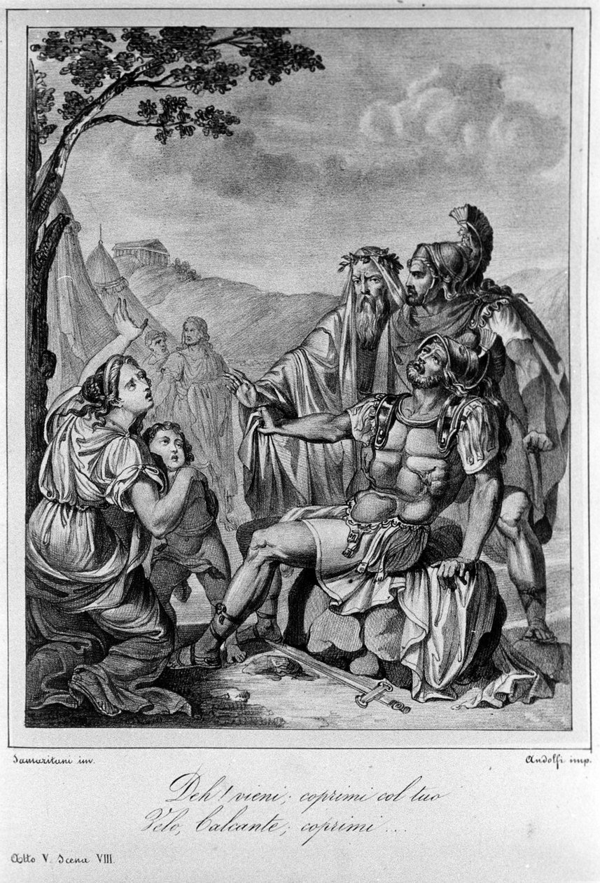 19 世纪意大利诗人兼剧作家乌戈·福斯科洛（Ugo Foscolo，1778-1827）的“阿贾克斯”（Aiace）第五幕第 8 场插图 作者 未知艺术家