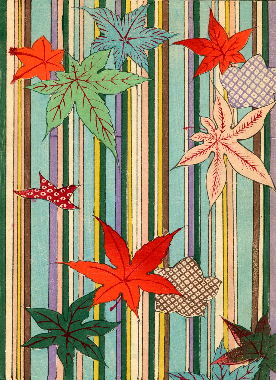 条纹背景上的秋叶插图 作者 未知艺术家