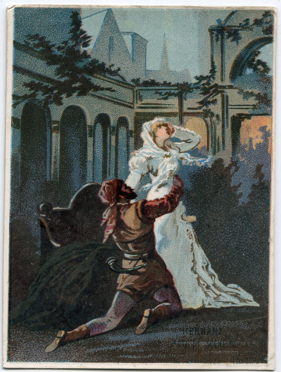 意大利作曲家朱塞佩-威尔第（1813 - 1901）的 "Ernani "插图，第二幕第四场歌剧，1844年根据维克多-雨果的悲剧《Hernani》创作。19世纪末的彩色石版画。 作者 未知艺术家