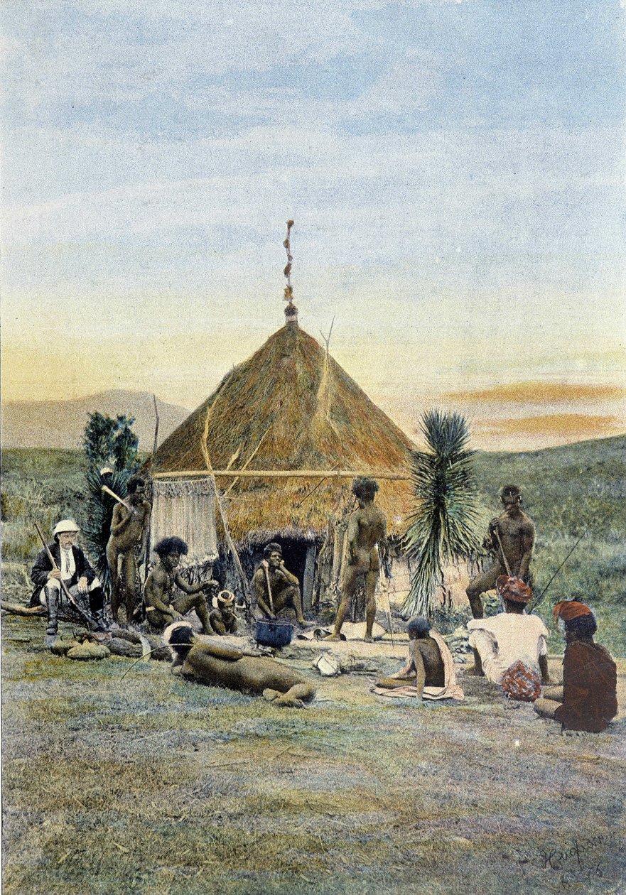 Illustration of a telegraphic camp near Uarai in New Caledonia. 作者 未知艺术家