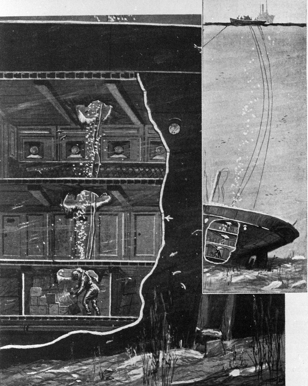 1885 年，潜水员亚历山大·兰伯特 (Alexander Lambert) 抵达加那利群岛深处“阿方索十二世”号残骸的储物室。 时期图 作者 未知艺术家