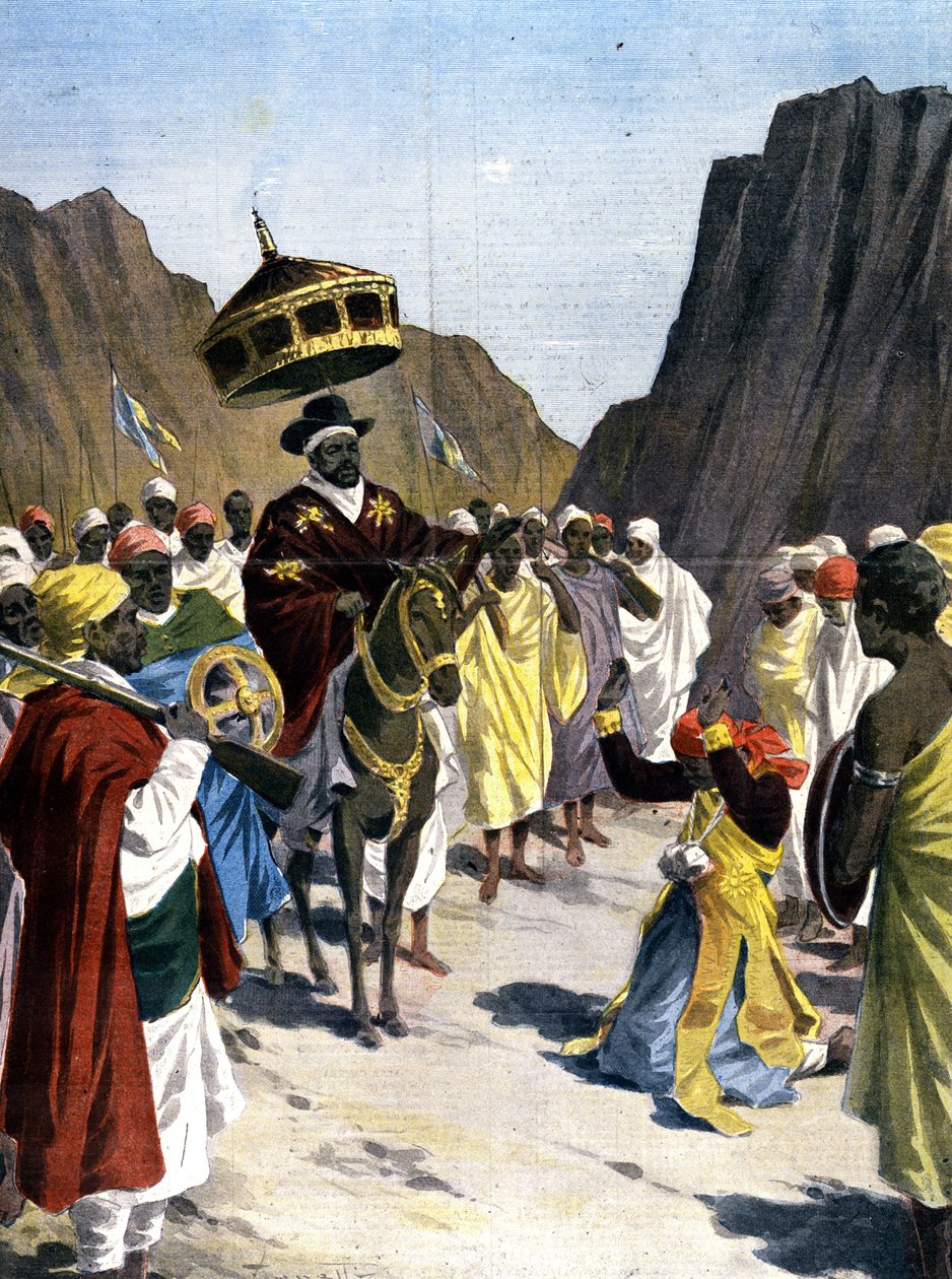 在博鲁米达，阿比西尼亚提格雷省（Tigray）的总督拉斯-曼加查（Ras Mangacha）在脖子上挂着石头，向尼古斯-梅内利克二世（1844-1913）做出臣服的动作。1899.为新闻界绘制的剪影。 作者 未知艺术家