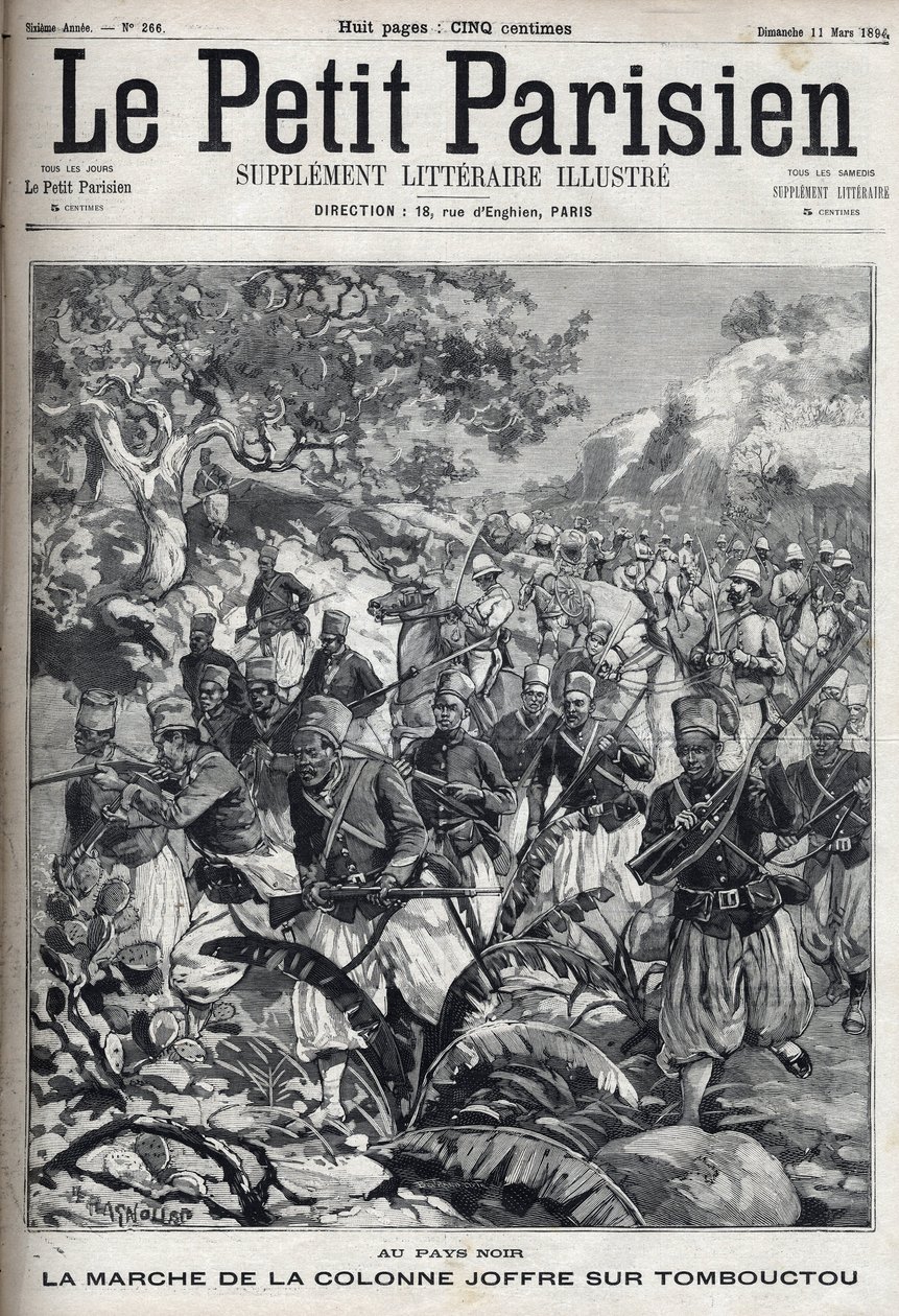 在法国殖民地：约瑟夫-若弗尔将军（1852-1931）和他的西班牙军队在廷巴克图（马里）的纵队行进。刊登在 "巴黎人报 "上的版画 作者 未知艺术家