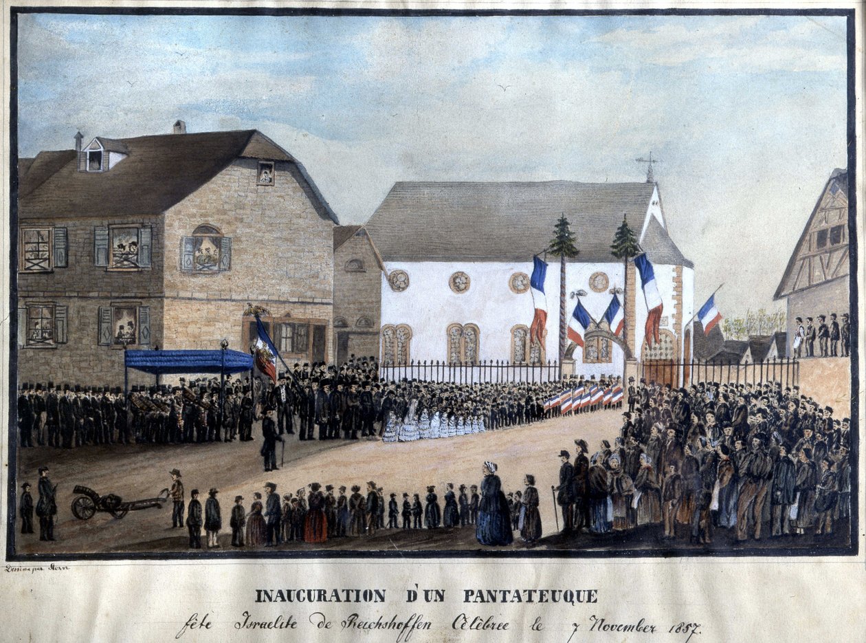 1857 年 7 月 11 日庆祝了五旬节犹太节日 Reichshoffen 的就职典礼。 作者 未知艺术家