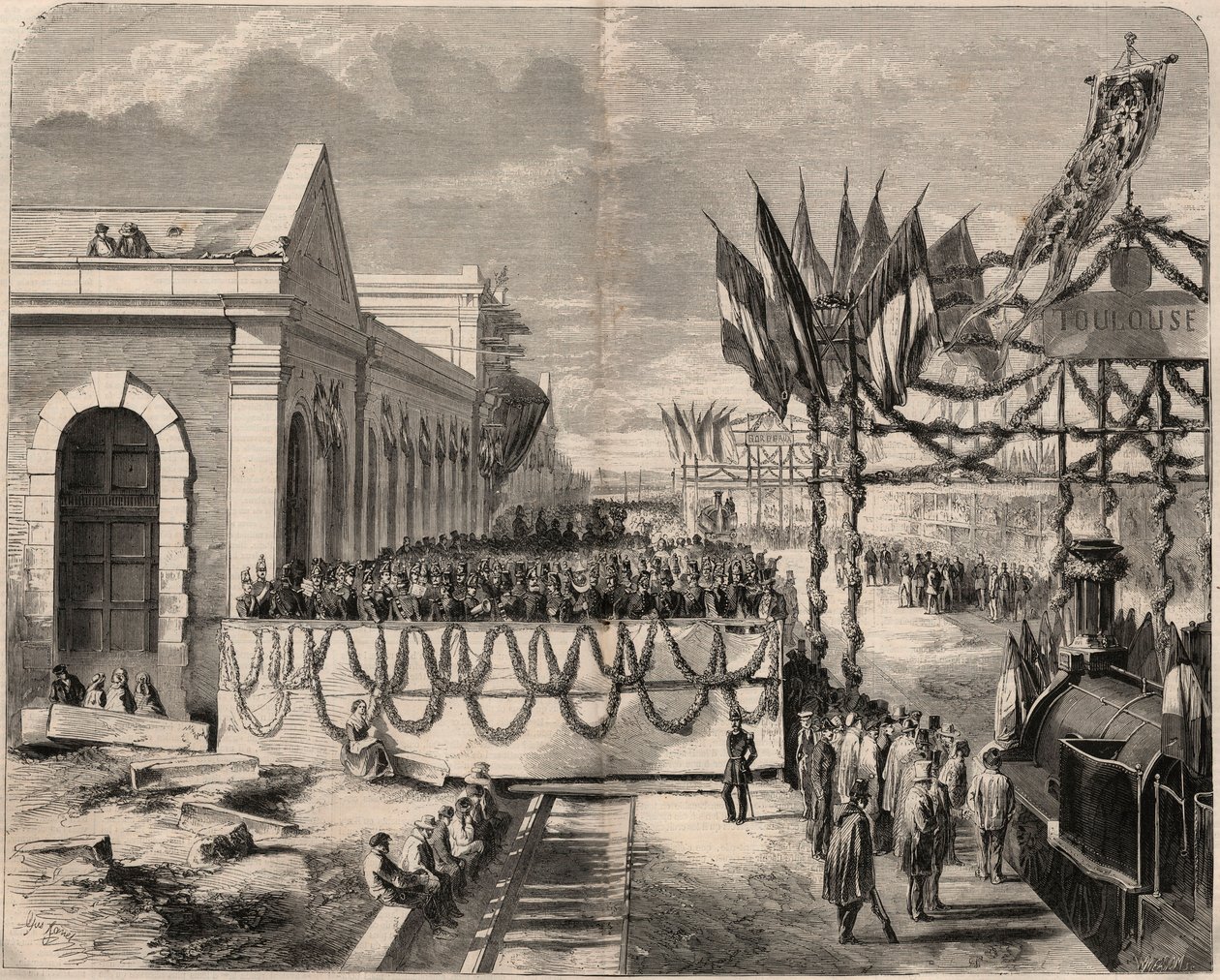 1857年从图卢兹到塞特的铁路落成典礼。1857年 "Le Monde illustrious "中的雕刻。私人收藏。 作者 未知艺术家