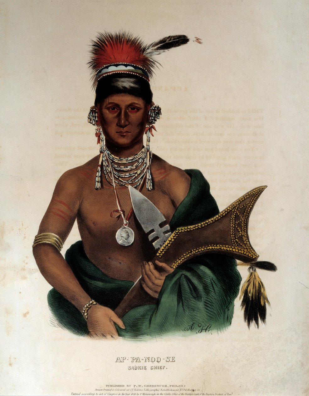 美国的印第安人："Saukie Ap Pa Noo See印第安酋长的肖像"，1836年匿名石版画，拉罗谢尔，新世界博物馆 作者 未知艺术家