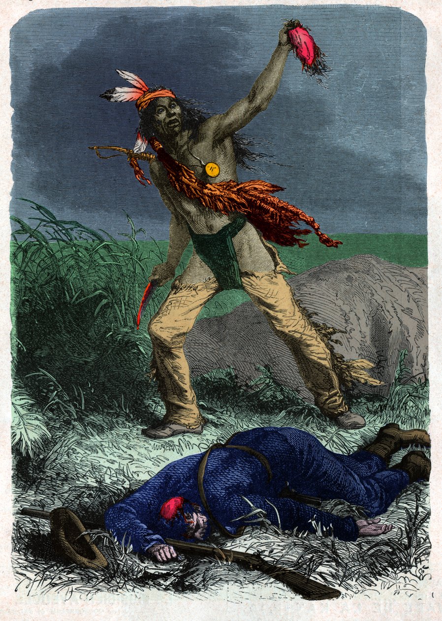 Indian scalps a soldier. (illustration, circa 1900) 作者 未知艺术家