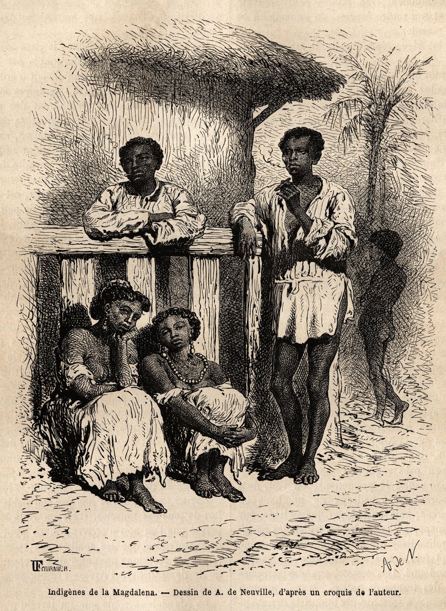 Indigenous people of the Magdalena (rivers), in the streets of the city of Mompox (Colombia). Engraving to illustrate the voyage to New Granada, by Dr. Saffray, in 1869, published in “” Le tour du monde””” 1872, edited by Edouard Charton, edition Hachette, 作者 未知艺术家