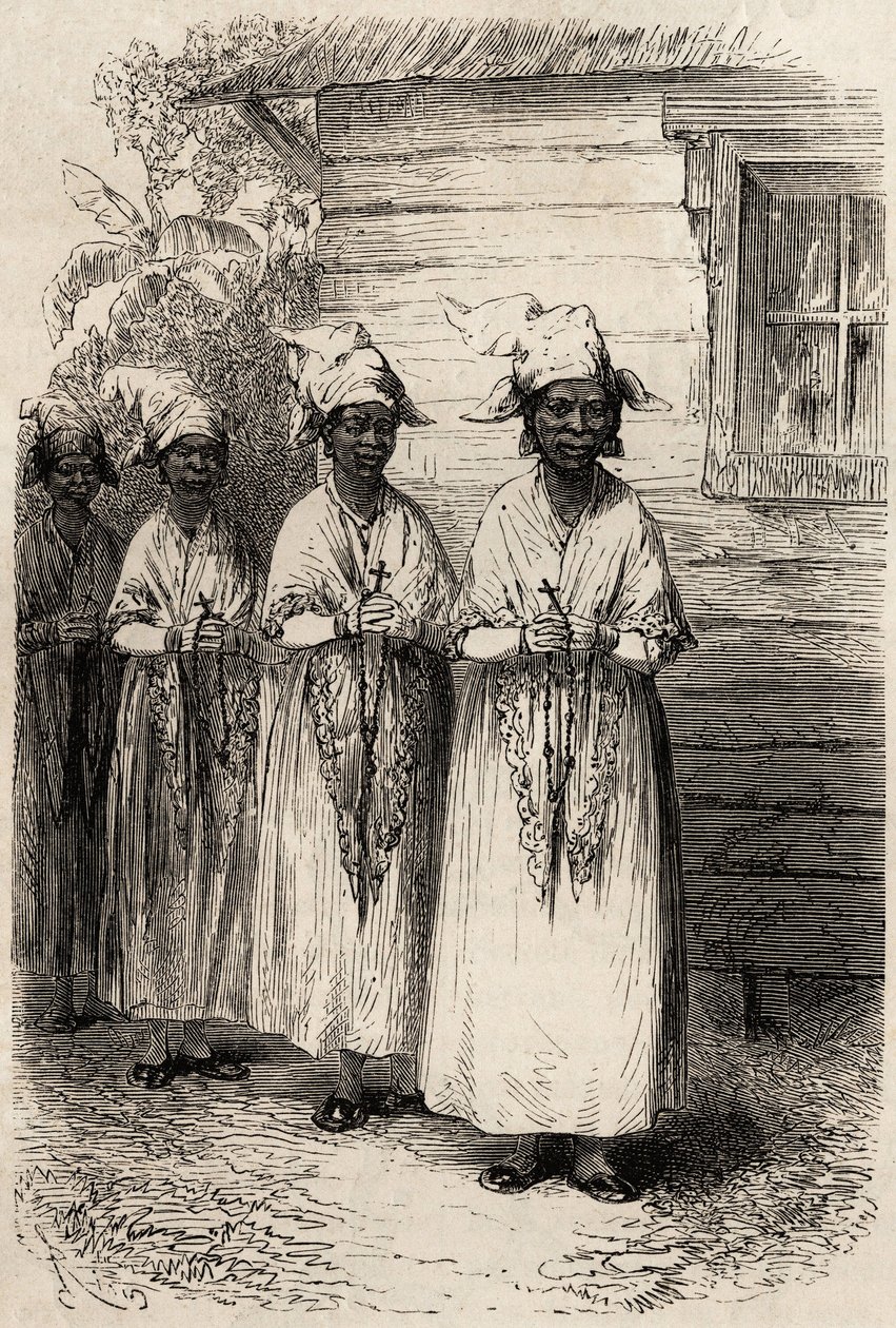 圭亚那的土著妇女，在天主教的Fete Dieu游行中。1862-1863年在法属圭亚那的航行图，由Fregate船长Frederic Bouyer绘制，载于 "Le tour du monde, nouveau journal des voyages"，并由DIR出版。 作者 未知艺术家