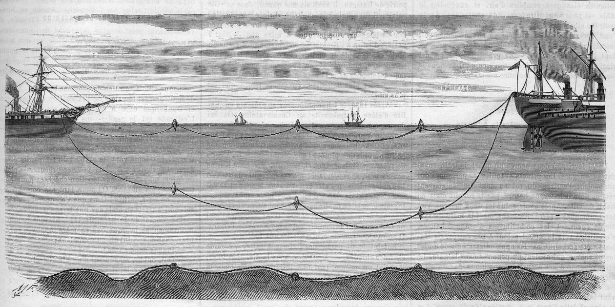 1865年，旨在连接欧洲和美国的跨大西洋电缆的安装。浮标系统用于防止电缆在安装过程中断裂。负责该行动的船只是大东方号。1865年的雕版画 作者 未知艺术家