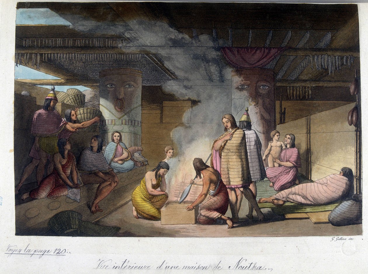 俄罗斯努特卡一所房子的内部视图。 在“古老而现代的服装”中，1819-1820 年，费拉里奥。 作者 未知艺术家