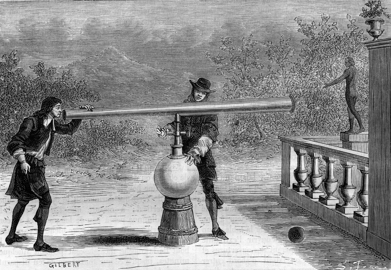 发明。德国发明家Otto von Guericke（Otto de Guericke）（1602-1686）的Sarbacan或气动枪。在 "自然 "中的雕刻 作者 未知艺术家