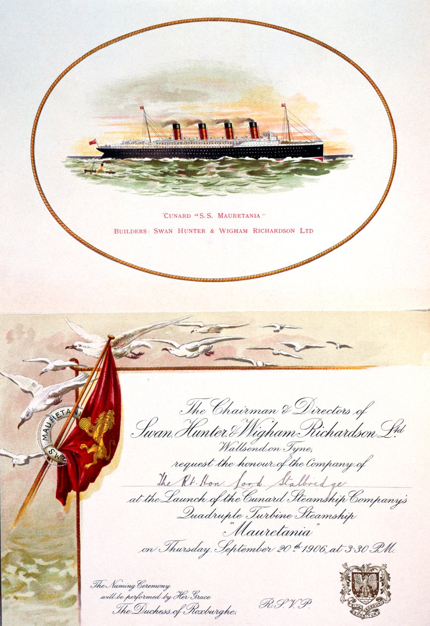 邀请斯塔尔布里奇勋爵出席 "SS Mauretania "号下水仪式，1906 年 9 月 20 日 作者 未知艺术家