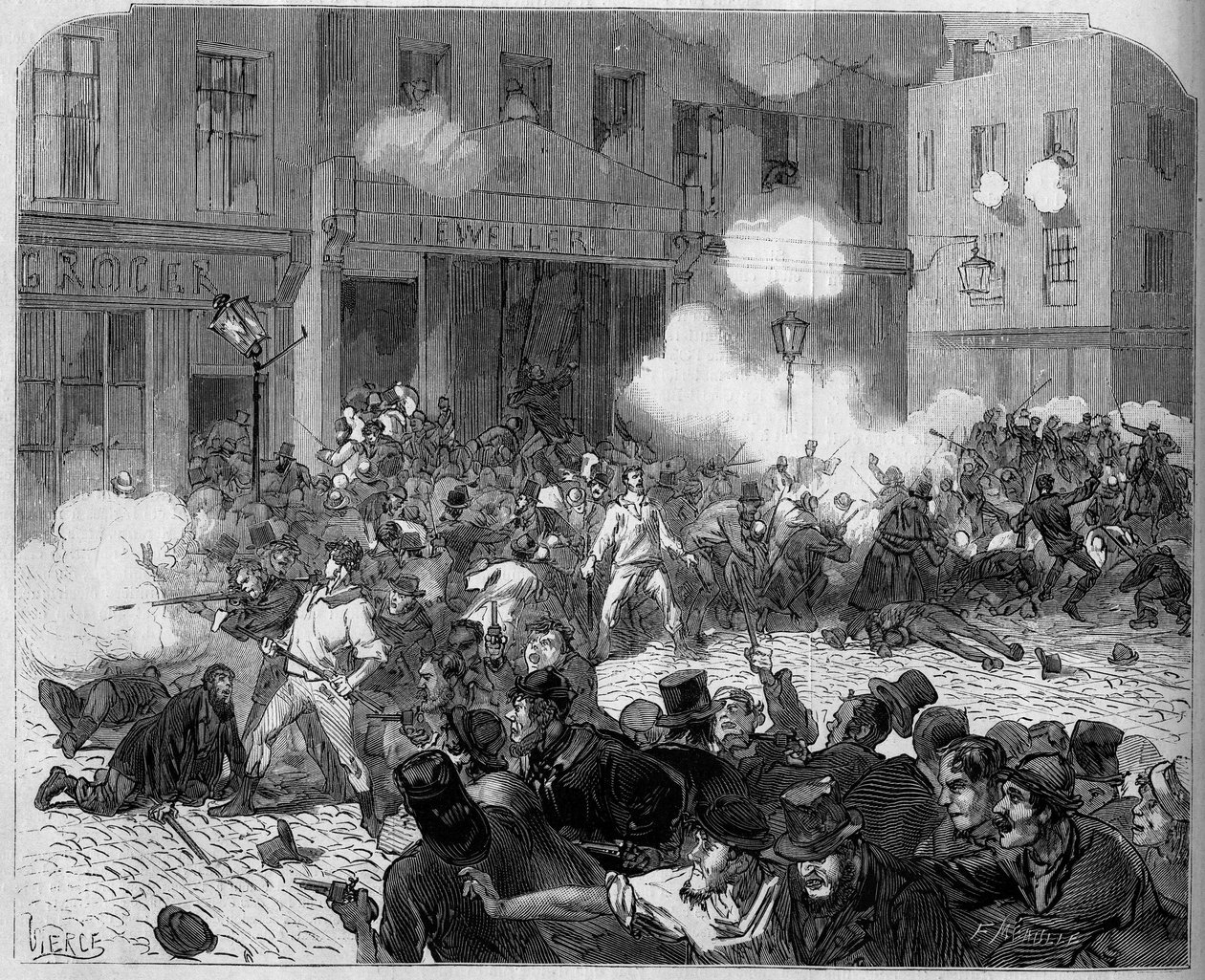 爱尔兰1872年。贝尔法斯特事件，奥兰治人和天主教徒之间的斗争。 作者 未知艺术家