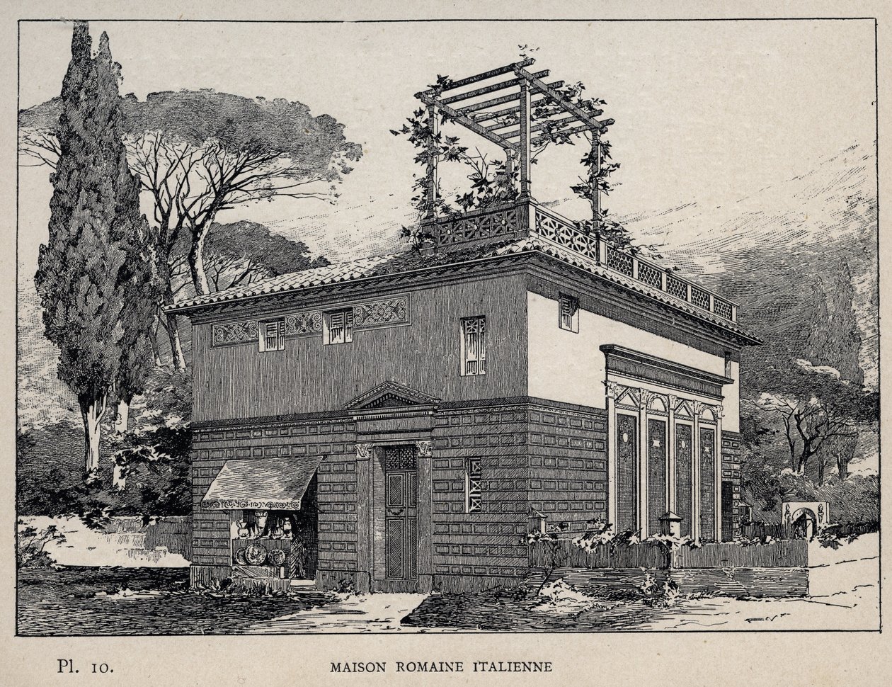 意大利的罗马房子--1889年的雕刻，载于 "Histoire de habitation humaine à l