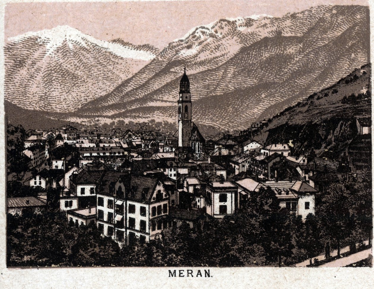 意大利蒂罗尔州：梅兰市（Merano）的景色。载于 "世界图解168景" 无日期（19世纪末）。 作者 未知艺术家
