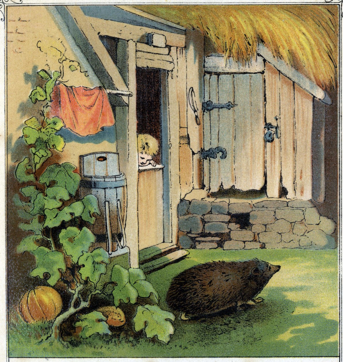 雅克观察到一只希里森穿过他家的院子。Chromolithography from "Scenes enfantines",ed.Guerin - Muller，约1885年。 作者 未知艺术家