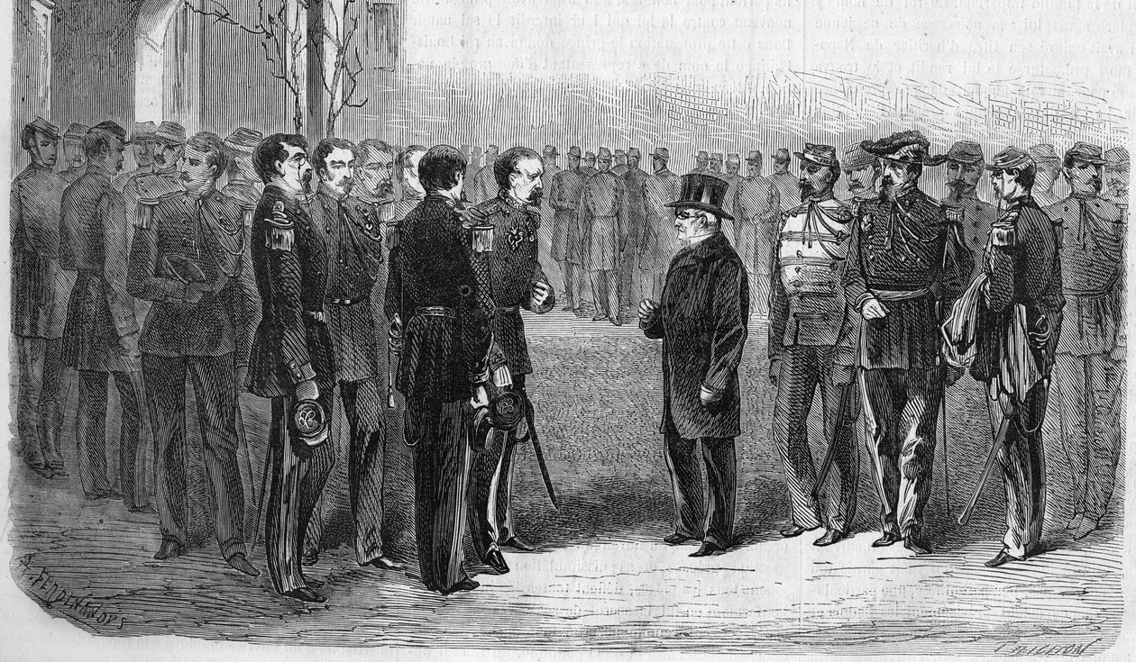 1873年1月。法国政治家、共和国总统阿道夫-蒂埃（Adolphe Thiers）（1797-1877）在战争部长和哈同将军的陪同下参观了巴黎综合理工学院。1873年的雕版画。 作者 未知艺术家