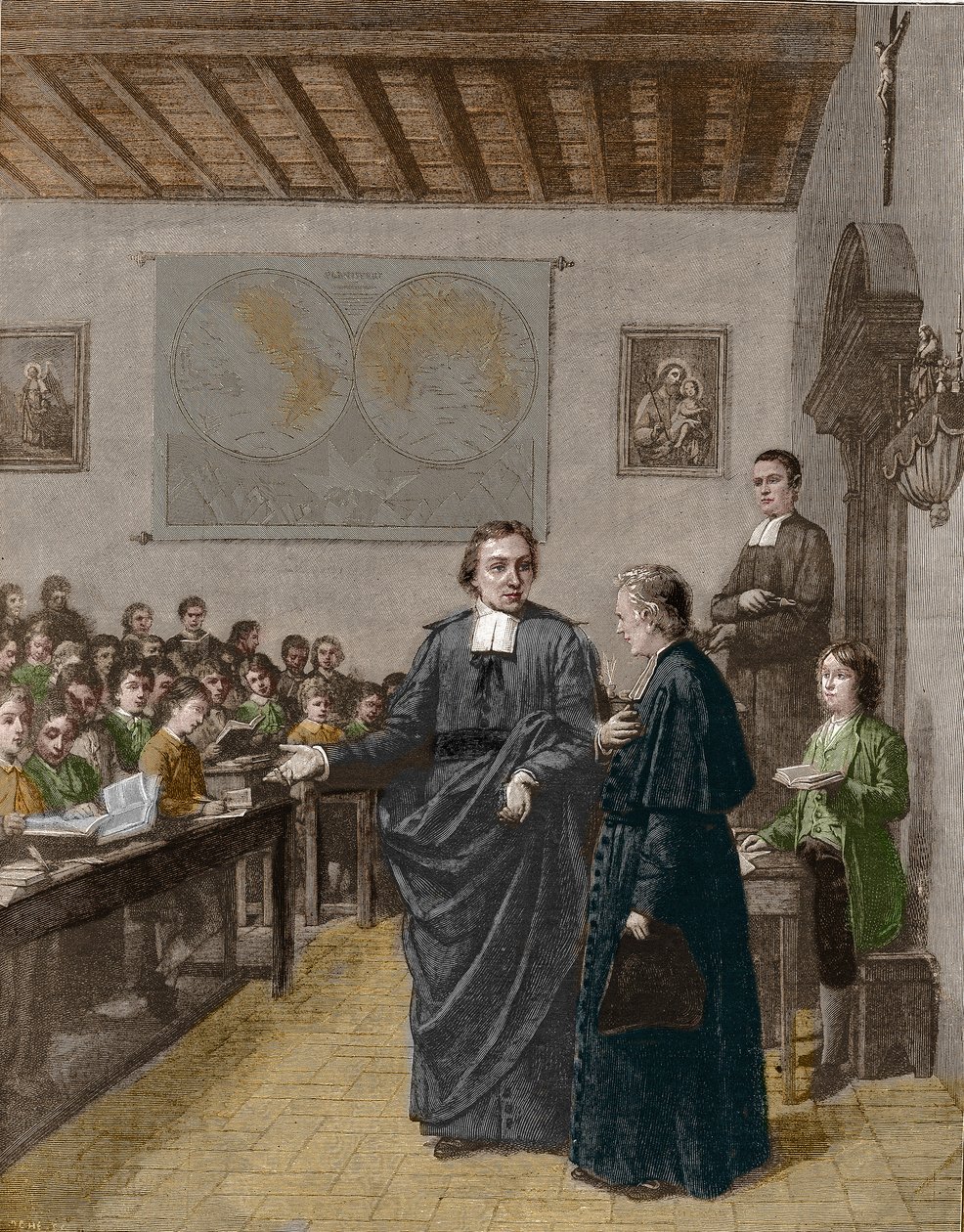 让-巴蒂斯特-德-拉萨尔（Jean-Baptiste De La Salle）（1651-1719）法国宗教家，基督教学校兄弟会的创始人，向德拉-切塔迪先生展示他的一所学校。19世纪末的雕版画。 作者 未知艺术家