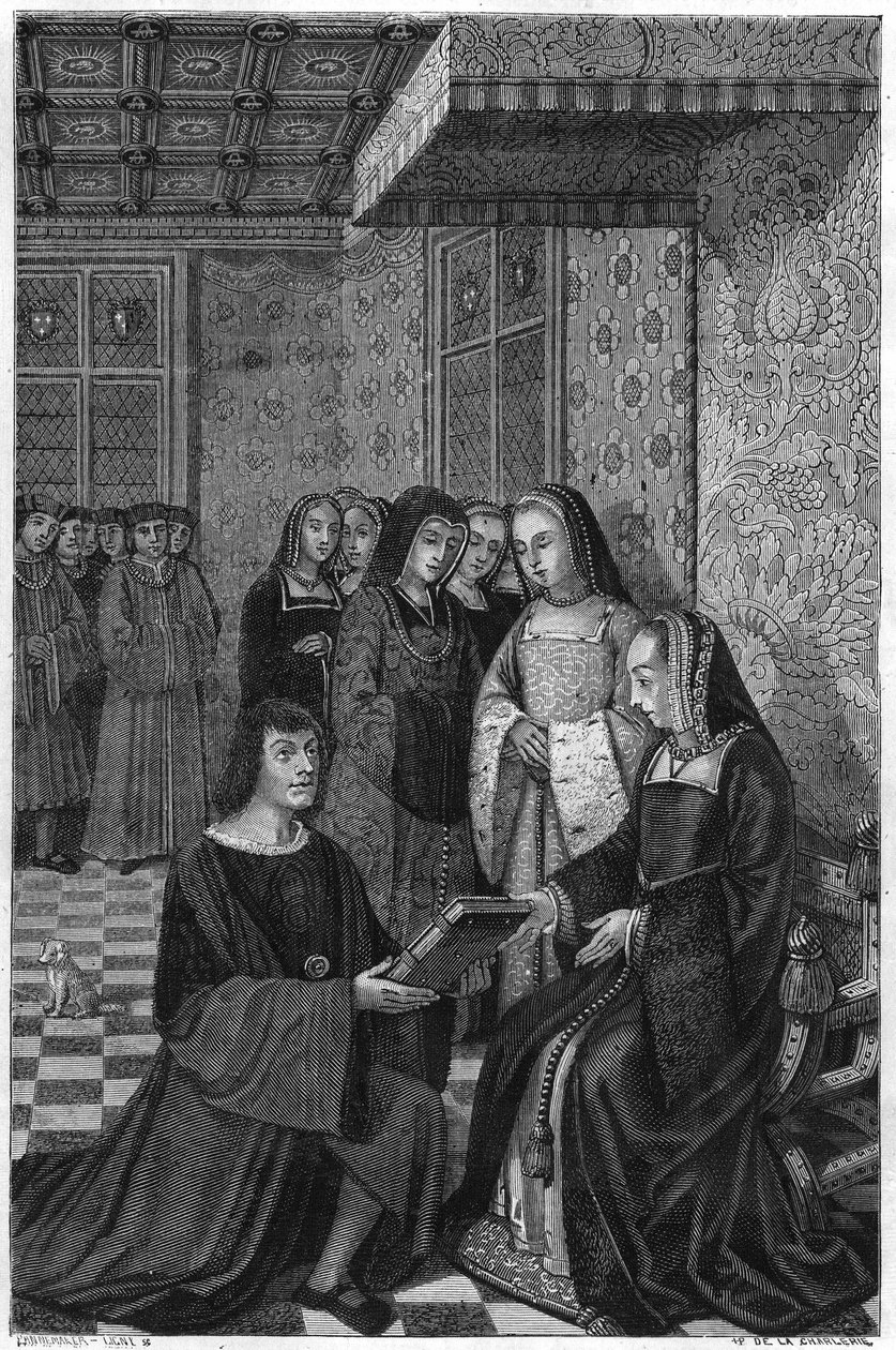 诗人让-马罗（1463-1526）向法国安妮女王献上一卷诗集。19世纪的雕版画。 作者 未知艺术家